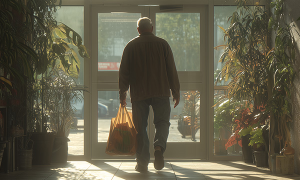 Man walking out of store with groceries