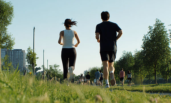 A couple jogging in the park.