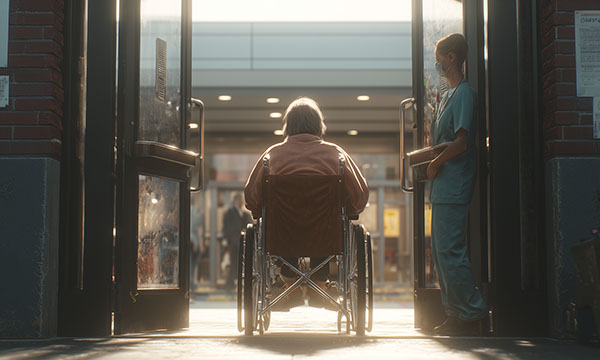 Woman leaving hospital after surgery