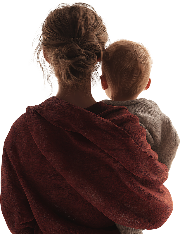 A woman holding her baby, looking into the distance.